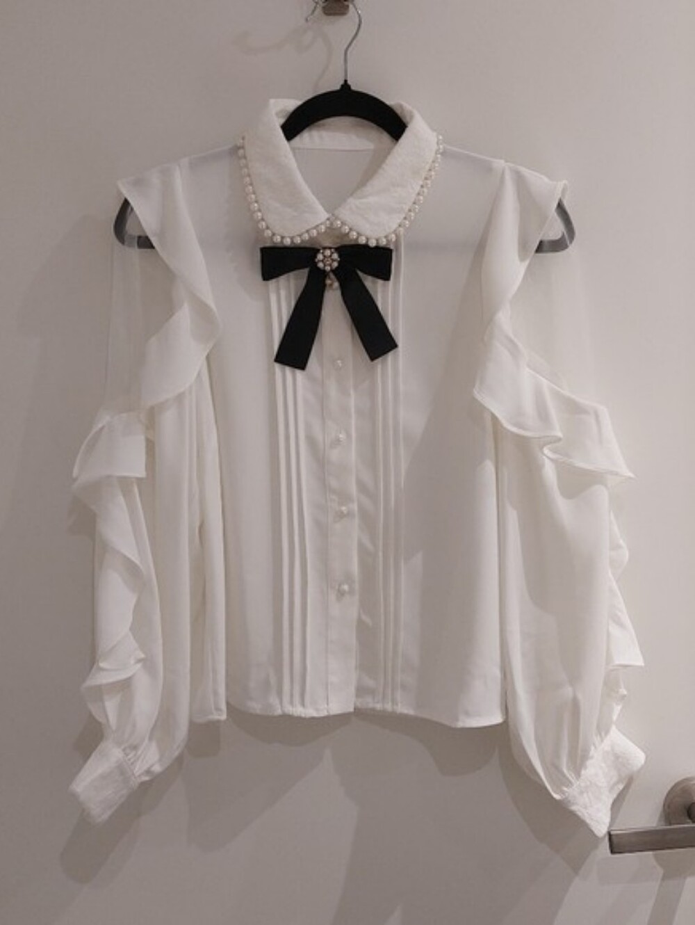 Pearl Collar Sheer Ruffle Sleeve Blouse